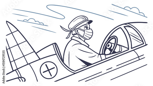 Outline Illustration of Pilot in Vintage Plane Wearing Face Mask
