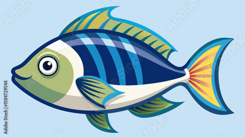 Vector art of a blue and green cartoon fish swims in the light blue sea
