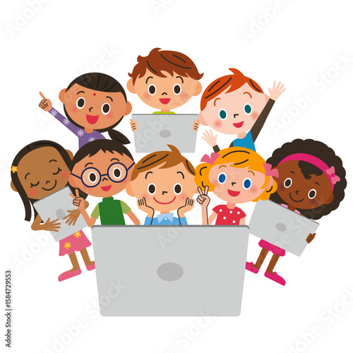 集団でパソコンで勉強をする子供達