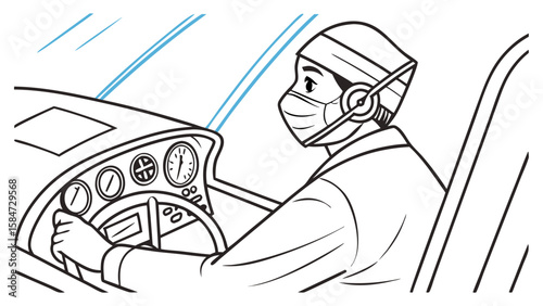 Driver Wearing Face Mask in Car Line Art for Safety and Health
