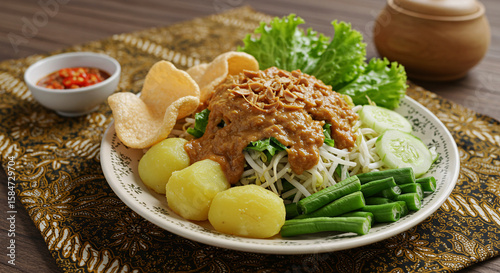 Authentic Indonesian culinary delight: A plate of gado-gado, a vibrant Indonesian salad, showcasing a harmonious blend of fresh vegetables, savory peanut sauce, and crispy crackers.