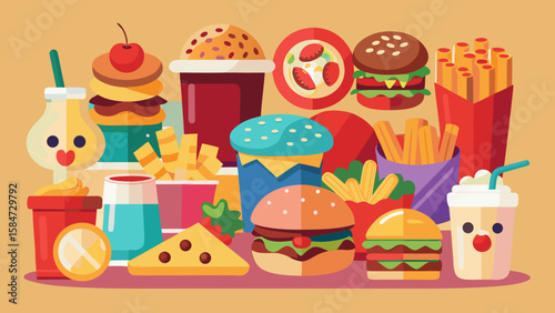 Vector art of a colorful cartoon illustration showcases a delightful assortment of fast food favorites, including burgers, fries, drinks, and sweets