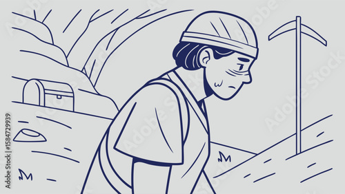 Tired Miner or Treasure Hunter with Pickaxe and Chest in Cave. Line Art Illustration.