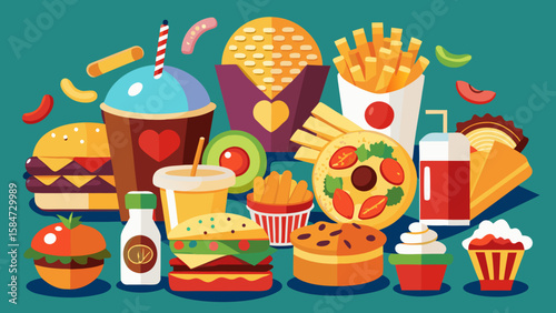 Vector art of a vibrant collection of fast food icons, featuring burgers, fries, drinks, and desserts, are arranged in a colorful composition