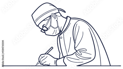 Line art illustration of a focused medical professional in scrubs and mask, performing a precise task or writing.