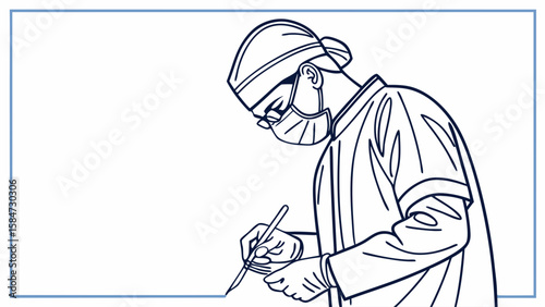 Line Art: Medical Professional in Scrubs and Mask with Scalpel. Healthcare Worker Performing Surgical Procedure Illustration.