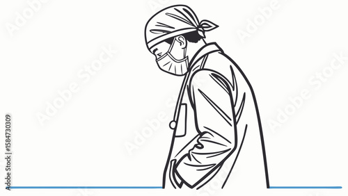 Healthcare worker in mask and scrubs looking down. Medical professional contemplation, exhaustion, or reflection. Line art illustration.