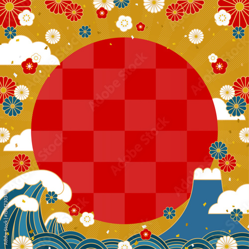 大波と富士山の間に昇る日と和風の花々のフレーム・背景素材（正方形）