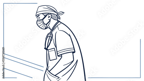 Healthcare Worker in Scrubs and Mask Line Art Illustration