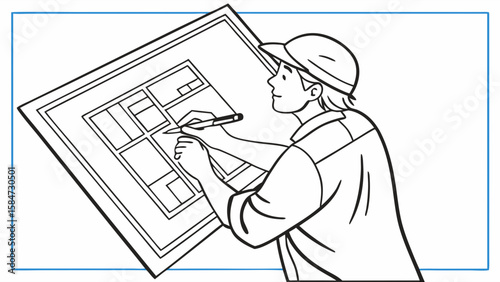 Architect or Engineer Drawing Blueprint for Building Design and Construction Project, Line Art Illustration