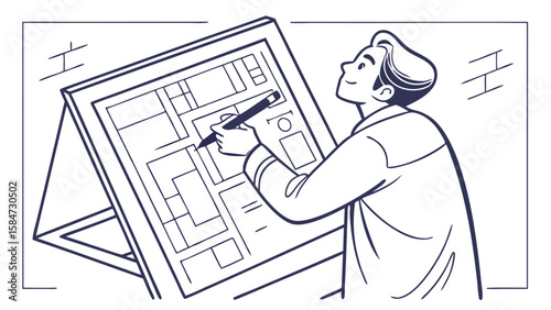 Architect drawing building plans on a drafting table, illustrating design, construction, and engineering blueprints.