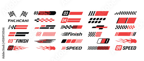 Racing Cars & Stripes Vector Set - Checkered Flag, Motocross Labels, Dynamic Lines - Motorsport, Racing Stripe Speed, Sport Decals & Tuning Stickers