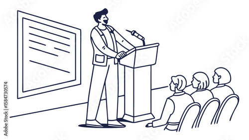 Public Speaker at Podium Addressing Audience. Conference Presentation Vector Illustration.