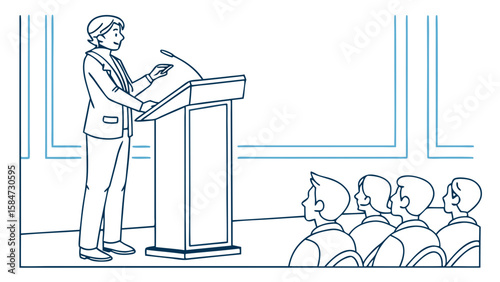 Speaker at podium addressing an audience during a presentation or conference, simple line art illustration