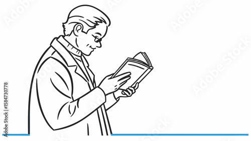 Focused Man in Glasses Reading Book Line Art Illustration Symbolizing Learning and Knowledge