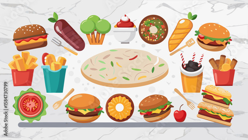 Vector art of a vibrant cartoon assortment of burgers, fries, donuts, and drinks arranged on a marble background, ideal for a playful and engaging design