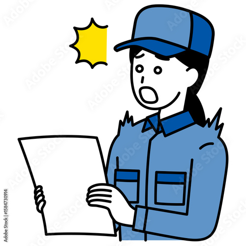 書類を見て驚くつなぎ作業服の女性