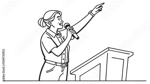 Woman Public Speaker at Podium Pointing Upward, Delivering Speech with Microphone. Black and White Line Art Illustration.