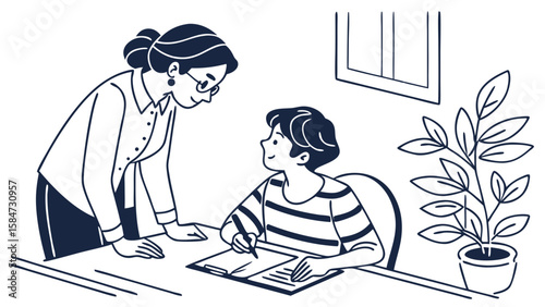 Adult Woman Tutoring Boy at Desk, Education and Learning Support, Homework Help Illustration