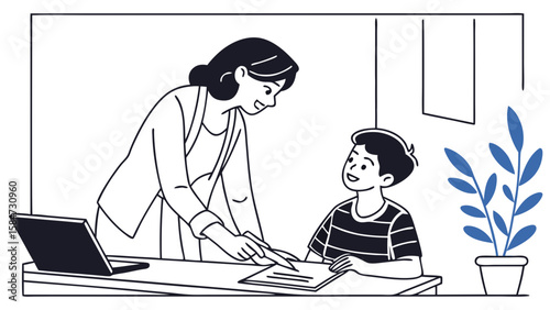Female Teacher Guiding Young Student in Learning Session Line Art Illustration