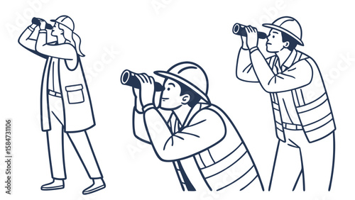 Workers in hard hats and vests using binoculars, focused on observation and inspection, line art illustration