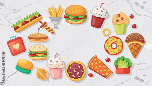 Vector art of a colorful cartoon illustration of various fast food items arranged in a circle on a marble background