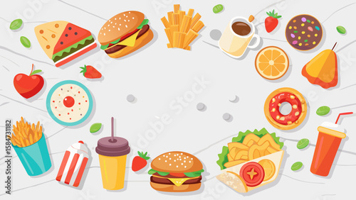 Vector art of a vibrant cartoon illustration of assorted fast food items arranged in a circle on a light background