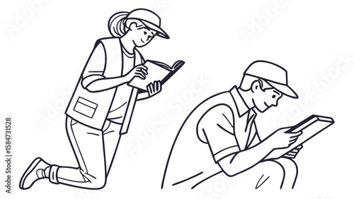 Field Researchers Collecting Data and Taking Notes - Line Art Illustration