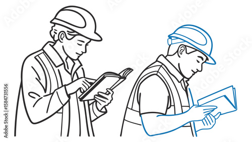 Engineers or construction workers reviewing plans and safety guidelines, line art illustration.