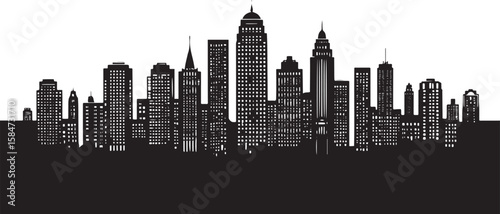 Black and white cityscape with tall buildings and illuminated windows silhouette skyscrapers
