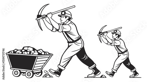 Retro Black and White Illustration of Miners Working with Pickaxes and Ore Cart