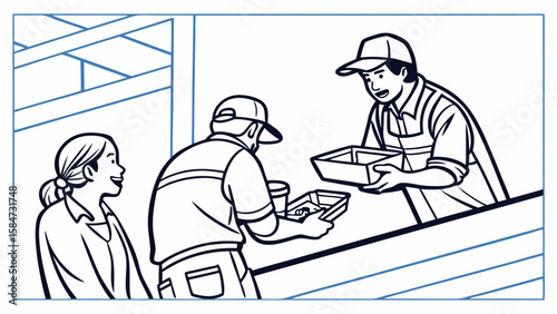 Black and white illustration of customers receiving meals at a food counter