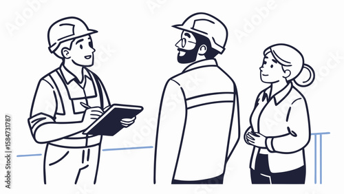 Construction and industrial professionals in hard hats discussing project plans and collaboration. Team meeting.