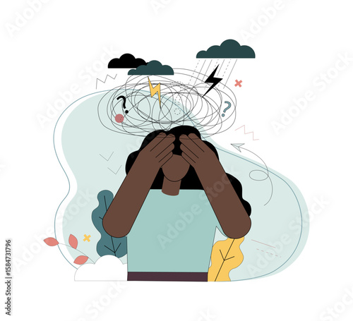Stress. Post-traumatic syndrome. Grief. The pain of loss. A woman holds her head with her hands and experiences excitement and anxiety.eps