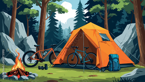 Mountain forest camping adventure under summer skies
