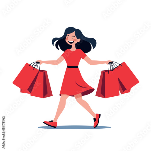 Smiling woman holding diverse shopping bags, a happy customer enjoying retail fashion