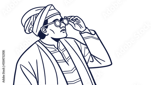 Line art illustration of a man in a turban and round glasses looking up, adjusting eyewear. Observation, curiosity, contemplation.