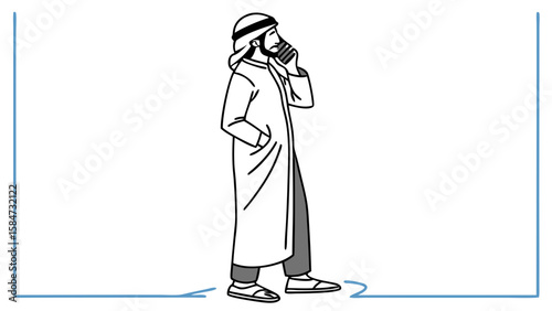Arab Man in Traditional Attire Talking on Mobile Phone Line Art Illustration