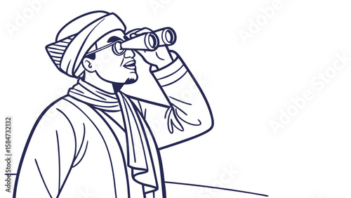Line Art of Man in Turban with Binoculars: Vision, Search, Future, Discovery Concept