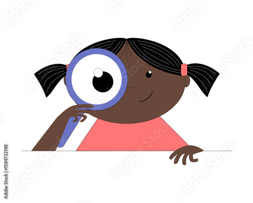 The girl looks through a magnifying glass. Curious child. The girl is interested in something, wants to learn, find out.eps
