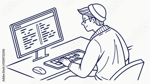 Programmer Coding at Desktop Computer. Man Working with Technology. Software Development Line Art Illustration.