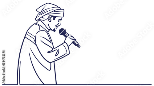 Line Art Illustration of Man in Traditional Attire Speaking into Microphone
