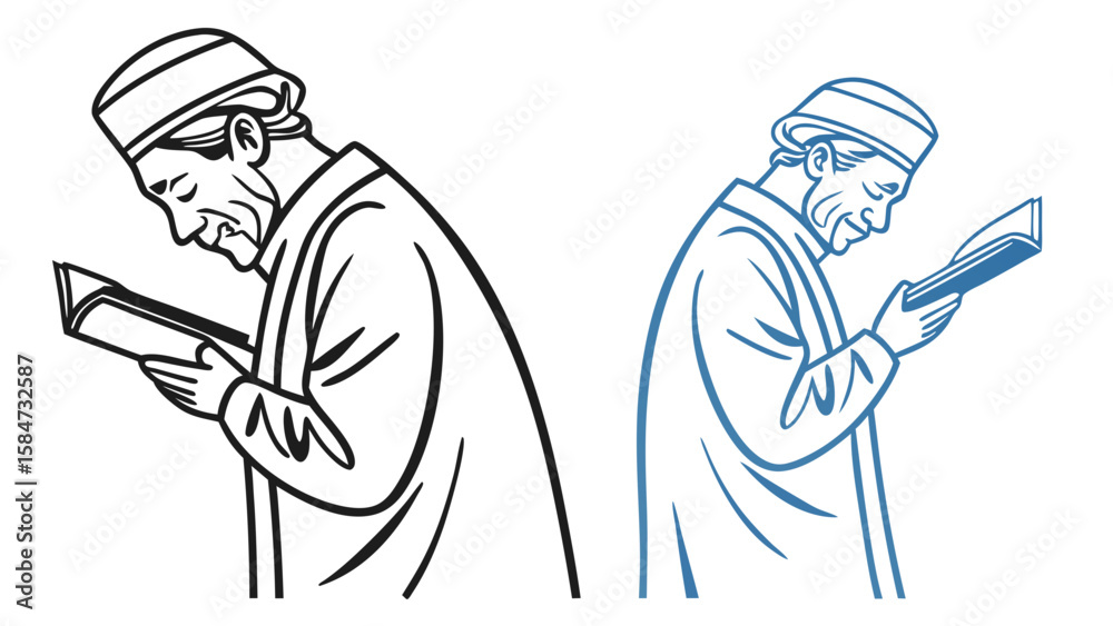 Elderly man in traditional cap and robe reading a book, black and blue line art vector illustration Elderly man in traditional cap and robe reading a book, black and blue line art vector illustration