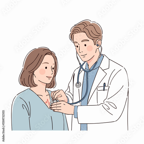 Flat Vector of Male Doctor Checking Patient's Heartbeat with Stethoscope – Minimal Medical Illustration with Soft Colors