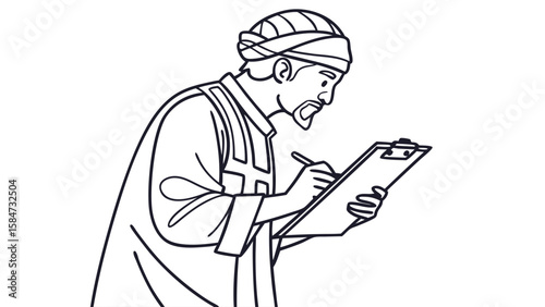 Traditional Man Writing on Clipboard Illustration. Focused Male Figure in Turban Taking Notes. Historical Line Art.