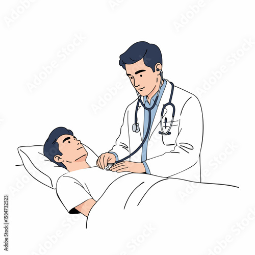 Flat Vector of Male Doctor Checking Patient's Heartbeat with Stethoscope – Minimal Medical Illustration with Soft Colors