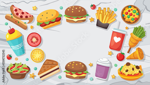 Vector art of a tempting frame of diverse fast food and desserts, complemented by fresh salad and fruits, creates a balanced and appealing visual