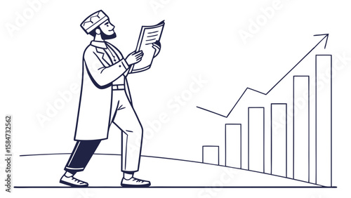 Professional analyzing business growth report with rising bar chart and line graph, symbolizing financial progress and success