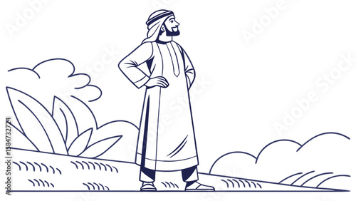 Confident Arab Man in Traditional Attire Gazing Ahead in Outdoor Landscape Line Art