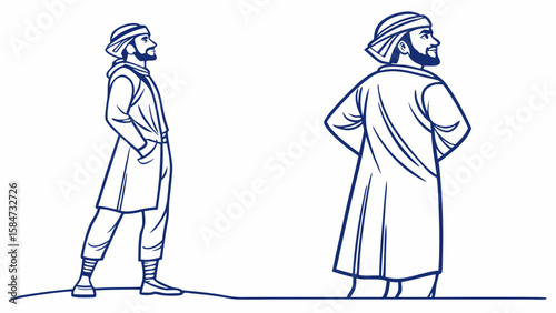 Man in Traditional Tunic & Headscarf Looking Forward Illustration Set: Full Body & Back Views